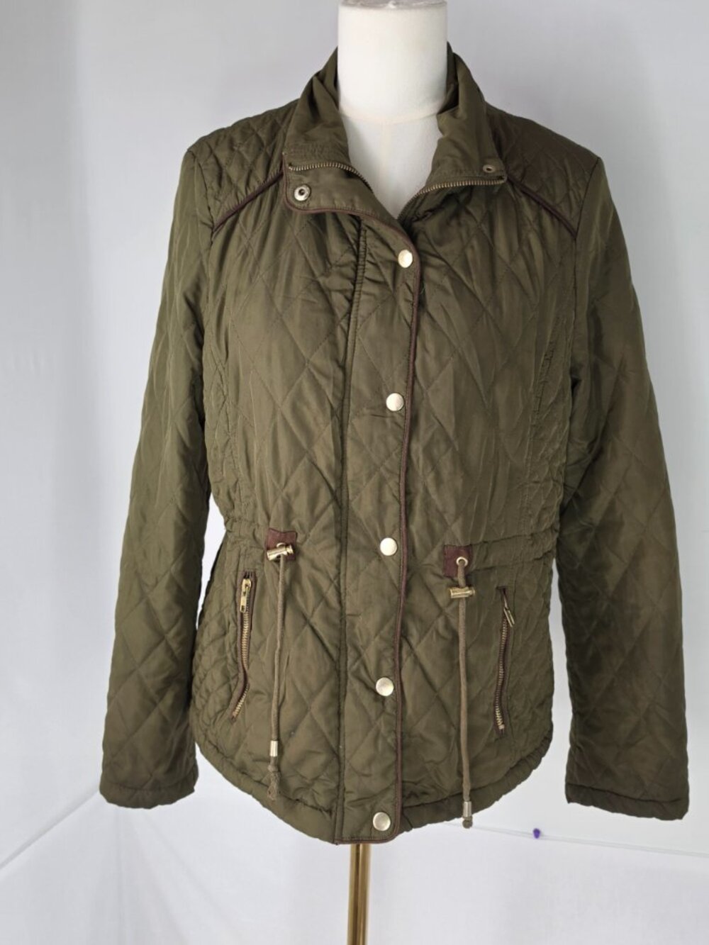 Love Tree Olive Green Quilted Jacket Medium Snap Button Zip Front Pockets Fleece